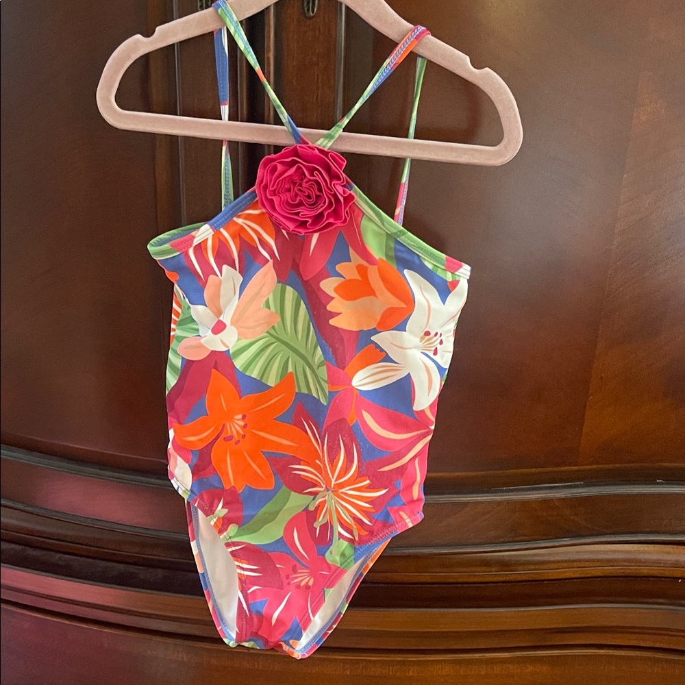 Janie and Jack Bright Floral One-Piece Swimsuit with Pink Rosette